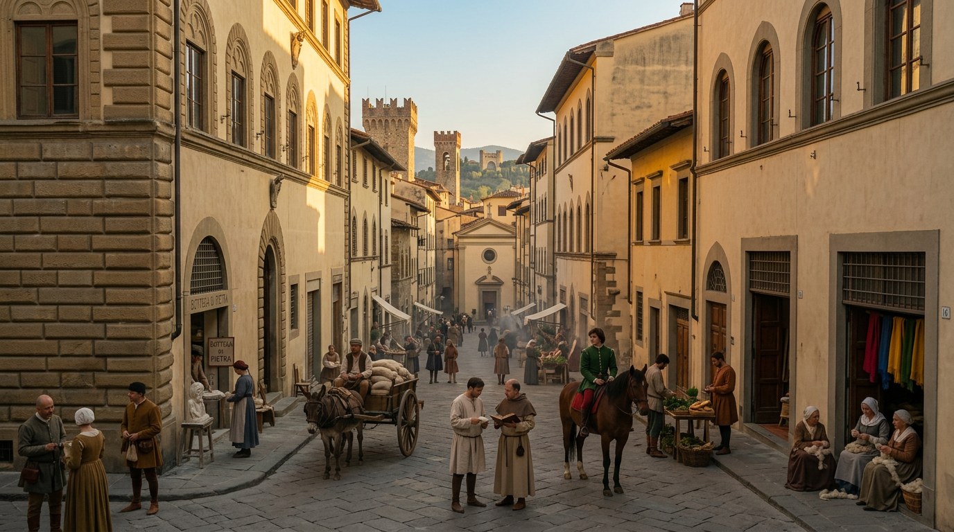 Turning around in the piazza reveals the workshops and streets behind you
